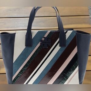 Tory Burch Navy and Multicolor Striped Tote